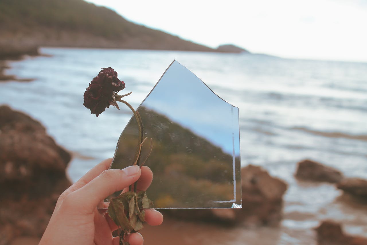 À propos de Nÿlaria A hand holding a dry rose with a broken mirror piece by the scenic seashore.